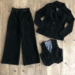 Vintage Black Velvet Three Piece Pant Suit Set Jacket, Vest, Pants